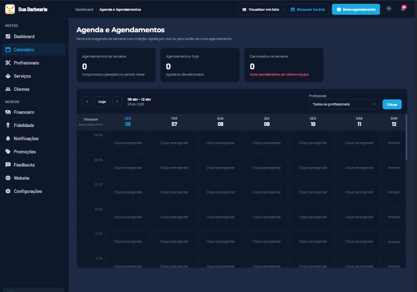 Tela de agenda e agendamentos do W2Studio com calendário semanal e indicadores